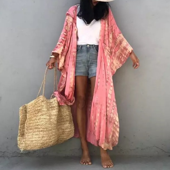 Other - SOLD OUT Pink Tie Dye Hooded Kimono Duster Coverup Robe